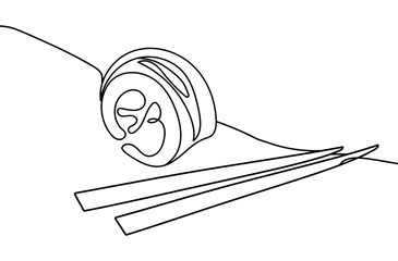 One Line Sushi Roll with Sticks Abstract Illustration. Continuous Line Art with Japanese Cuisine. Modern Simple Hand Drawn Illustration for Branding Identity, Banner, Outdoor Advertising, Web, Menu.