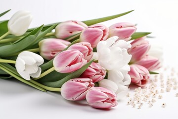 Pink tulips on white background