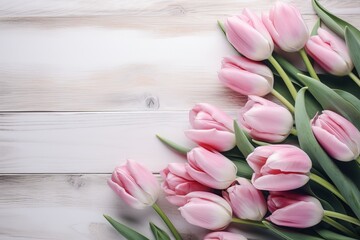 Obraz na płótnie Canvas Pink tulips on white vintage wooden background