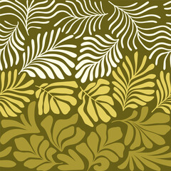 Naklejka na ściany i meble Khaki yellow abstract background with tropical palm leaves in Matisse style. Vector seamless pattern with Scandinavian cut out elements.