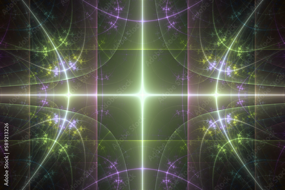 Aufkleber green purple glowing pattern of curved waves and rays on a black background. abstract fractal 3d ren