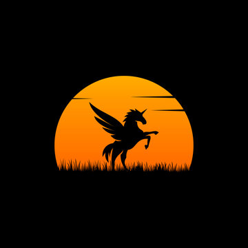 Black horse silhouette logo on sunset background
