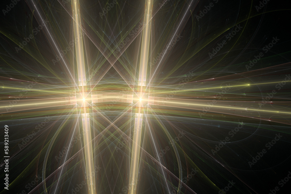 Aufkleber orange double glowing pattern of crooked waves and rays on a black background. abstract fractal 3d r