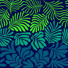 Dark blue green abstract background with tropical palm leaves in Matisse style. Vector seamless pattern with Scandinavian cut out elements.