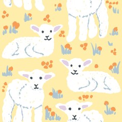 Hand drawn seamless pattern of cute white lamb sheep in spring. Easter concept, farm animal print for kids children nurserry decor, pastel drawing in yellow background.