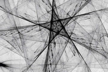 Black pattern of curved waves and rays on a white background. Abstract fractal 3D rendering