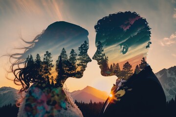 double exposure of bride and groom, forest and the spectacular colorful nature background, AI generated