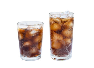 Soft drinks with ice cubes isolated transparent background.