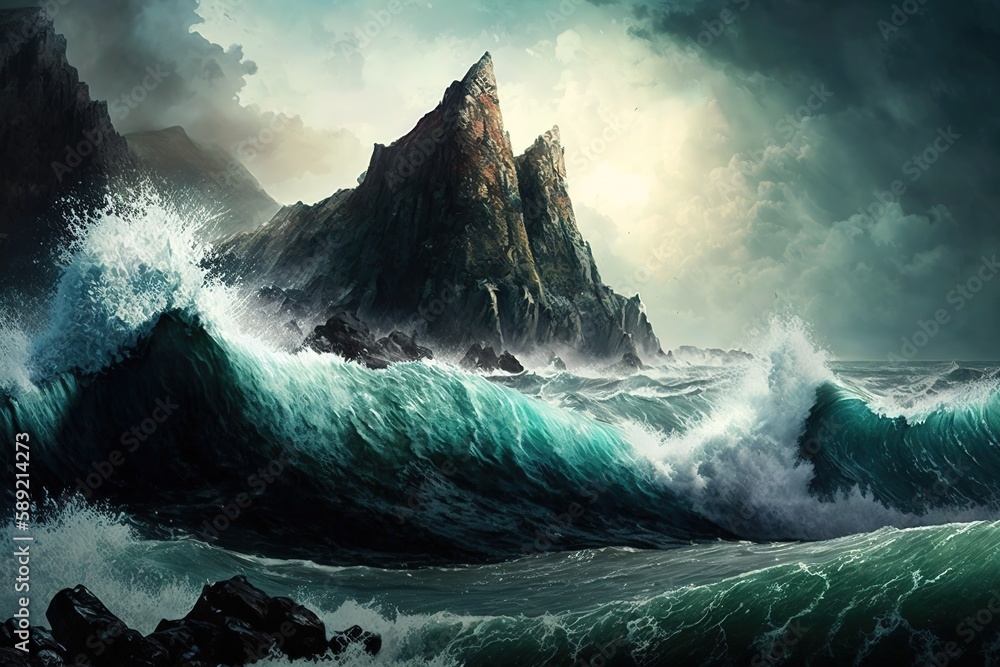 Poster coastal scenery with a massive wave generative ai