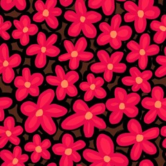 Hand drawn seamless pattern with retro 60s red daisy flowers on dark brown background. Simple minimalist floral print in cartoon boho bohemian style, spring garden nature plant, romantic trendy bloom.