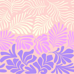 Fototapeta na wymiar Pastel pink purple brown abstract background with tropical palm leaves in Matisse style. Vector seamless pattern with Scandinavian cut out elements.
