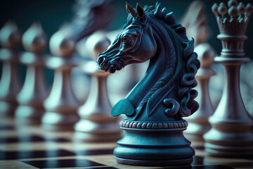 Chess strategy concept, close-up of knight horse on chessboard, AI generated