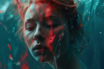 A girl with her head underwater, in the style of smooth and polished, light teal and light red, warmcore, slumped, made with Generative AI.