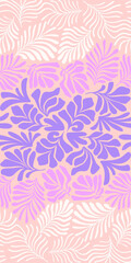 Fototapeta na wymiar Pastel pink purple brown abstract background with tropical palm leaves in Matisse style. Vector seamless pattern with Scandinavian cut out elements.