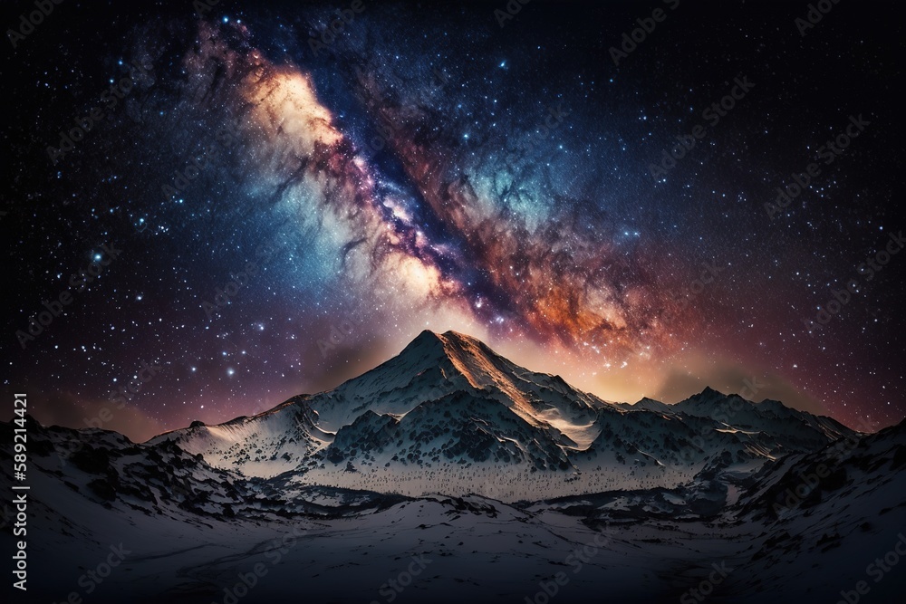 Poster in the background is a mountainscape with the milky way visible. generative ai