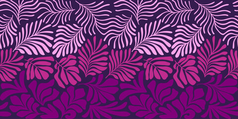 Purple pink abstract background with tropical palm leaves in Matisse style. Vector seamless pattern with Scandinavian cut out elements.