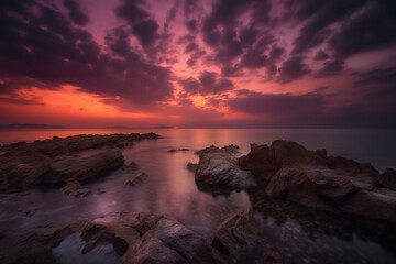 Fototapeta na wymiar Amazing sunset at the ocean shore or sea. Beautiful sky with sun setting at the seaside. Ai generated