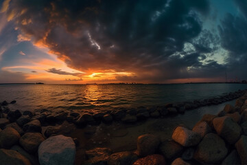 Amazing sunset at the ocean shore or sea. Beautiful sky with sun setting at the seaside. Ai generated