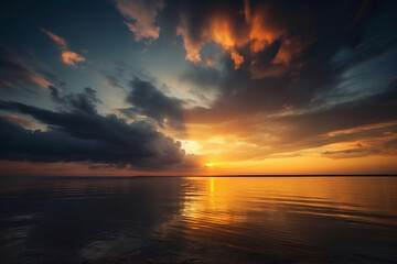 Obraz premium Amazing sunset at the ocean shore or sea. Beautiful sky with sun setting at the seaside. Ai generated