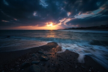 Obraz premium Amazing sunset at the ocean shore or sea. Beautiful sky with sun setting at the seaside. Ai generated