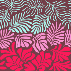Fototapeta premium Pink blue abstract background with tropical palm leaves in Matisse style. Vector seamless pattern with Scandinavian cut out elements.