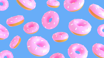 3d rendering background of donuts with sprinkles, 3d illustration with donuts pattern