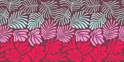 Fototapeta na wymiar Pink blue abstract background with tropical palm leaves in Matisse style. Vector seamless pattern with Scandinavian cut out elements.