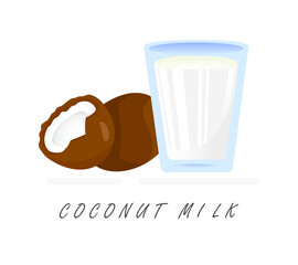 Realistic cartoon plant milk banner. Colorful coconut milk vector illustration. Glass of milk and coconuts label isolated on white background.
