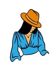 Abstract outline woman face poster. Simple vector hand drawn illustration. Fashion beauty print. Line art portrait. Girl with rodeo hat.