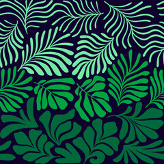 Green gradient abstract background with tropical palm leaves in Matisse style. Vector seamless pattern with Scandinavian cut out elements.