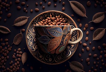 Pattern with illustrations of coffee cup and coffee beans. Generative AI