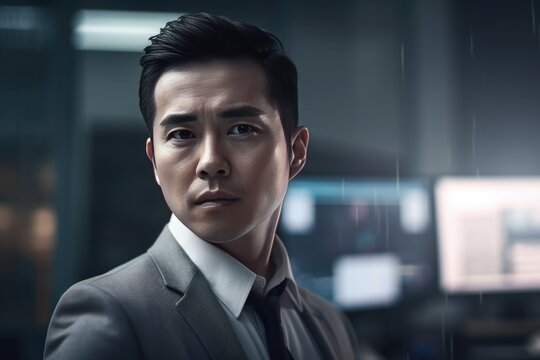 Portrait of handsome Asian businessman in suit in office, ai generated