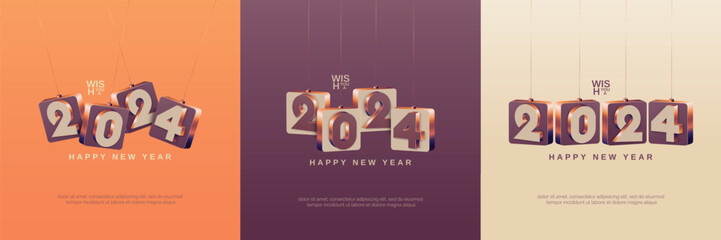 Set of 2024 new year with 3D hanging number on 3D box. 2024 new year celebration design template