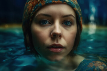 Photo shoot in a pool, Close-up headshot of a young beautiful woman, made with Generative AI