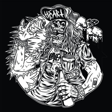 thrash metal skull Black and White illustration