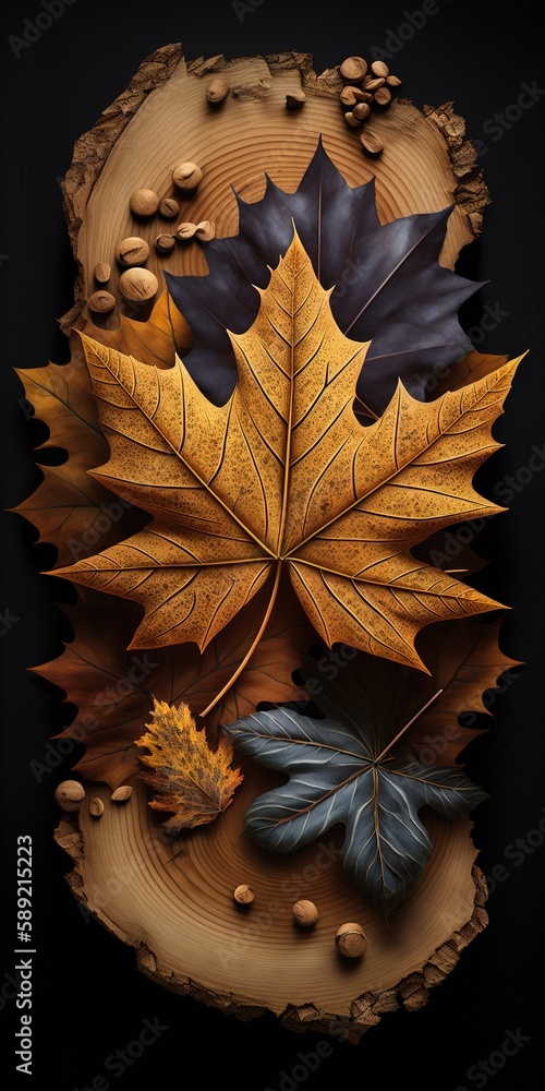 Poster next to a hunk of wood and some nuts are some maple leaves. generative ai