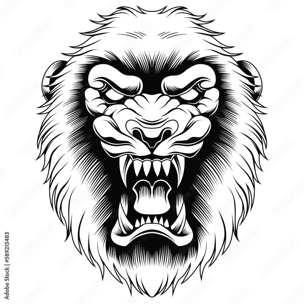 Wall mural Lion head tattoo style in black and white