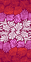 Red pink abstract background with tropical palm leaves in Matisse style. Vector seamless pattern with Scandinavian cut out elements.