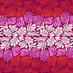 Fototapeta na wymiar Red pink abstract background with tropical palm leaves in Matisse style. Vector seamless pattern with Scandinavian cut out elements.