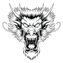 Dragon head tattoo style in black and white
