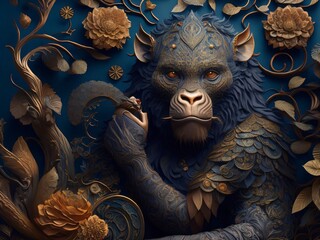 Monkey statue with green leaf