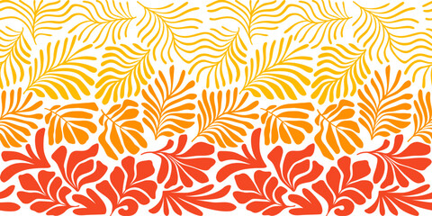 Orange yellow abstract background with tropical palm leaves in Matisse style. Vector seamless pattern with Scandinavian cut out elements.