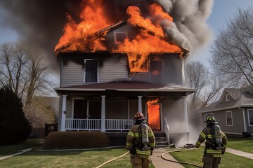 Obraz premium Burning house. Burning roof. Building on fire. Firefighters fighting against fire. Generative AI