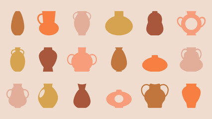 Set of ancient pottery, vase and jars. Ceramic amphora silhouettes abstract shapes, hand drawn isolated icons. Vector illustration