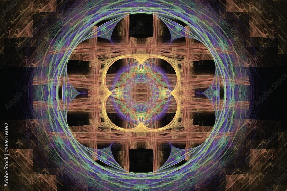 Poster orange blue pattern of curved shapes and waves on a black background. abstract fractal 3d rendering