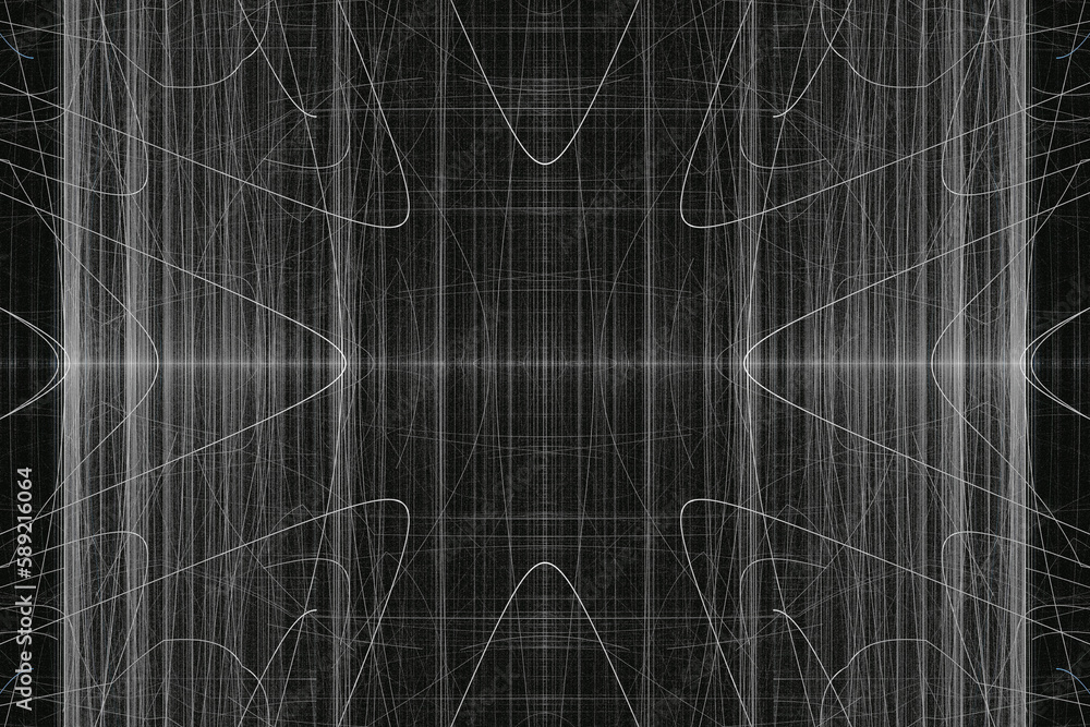 Poster gray pattern of crooked threads on a black background. abstract fractal 3d rendering