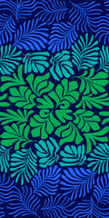 Blue green gradient abstract background with tropical palm leaves in Matisse style. Vector seamless pattern with Scandinavian cut out elements.