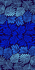 Blue gradient abstract background with tropical palm leaves in Matisse style. Vector seamless pattern with Scandinavian cut out elements.