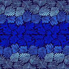 Blue gradient abstract background with tropical palm leaves in Matisse style. Vector seamless pattern with Scandinavian cut out elements.