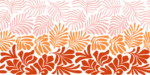 Fototapeta na wymiar Orange pink abstract background with tropical palm leaves in Matisse style. Vector seamless pattern with Scandinavian cut out elements.